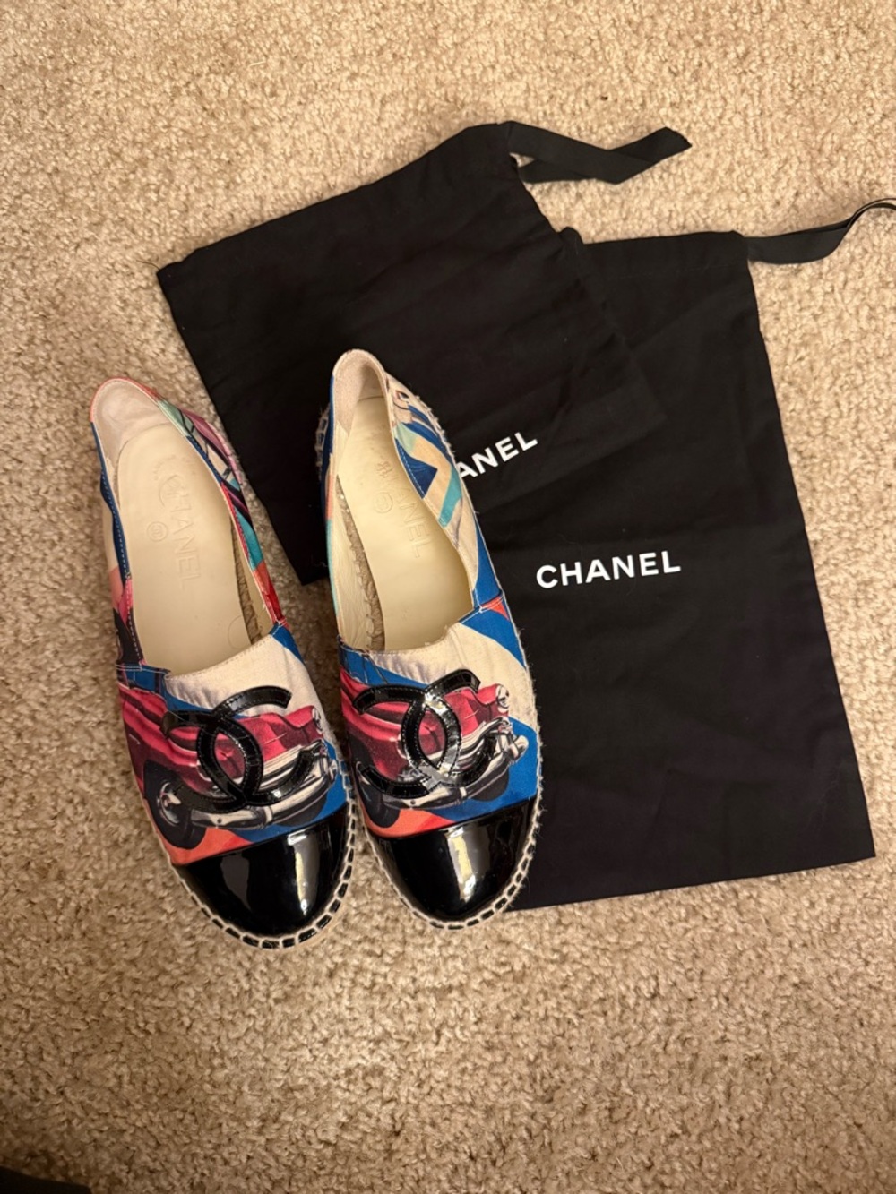 CHANEL Multicolor Canvas Espadrilles with Black Patent Cap Toe
